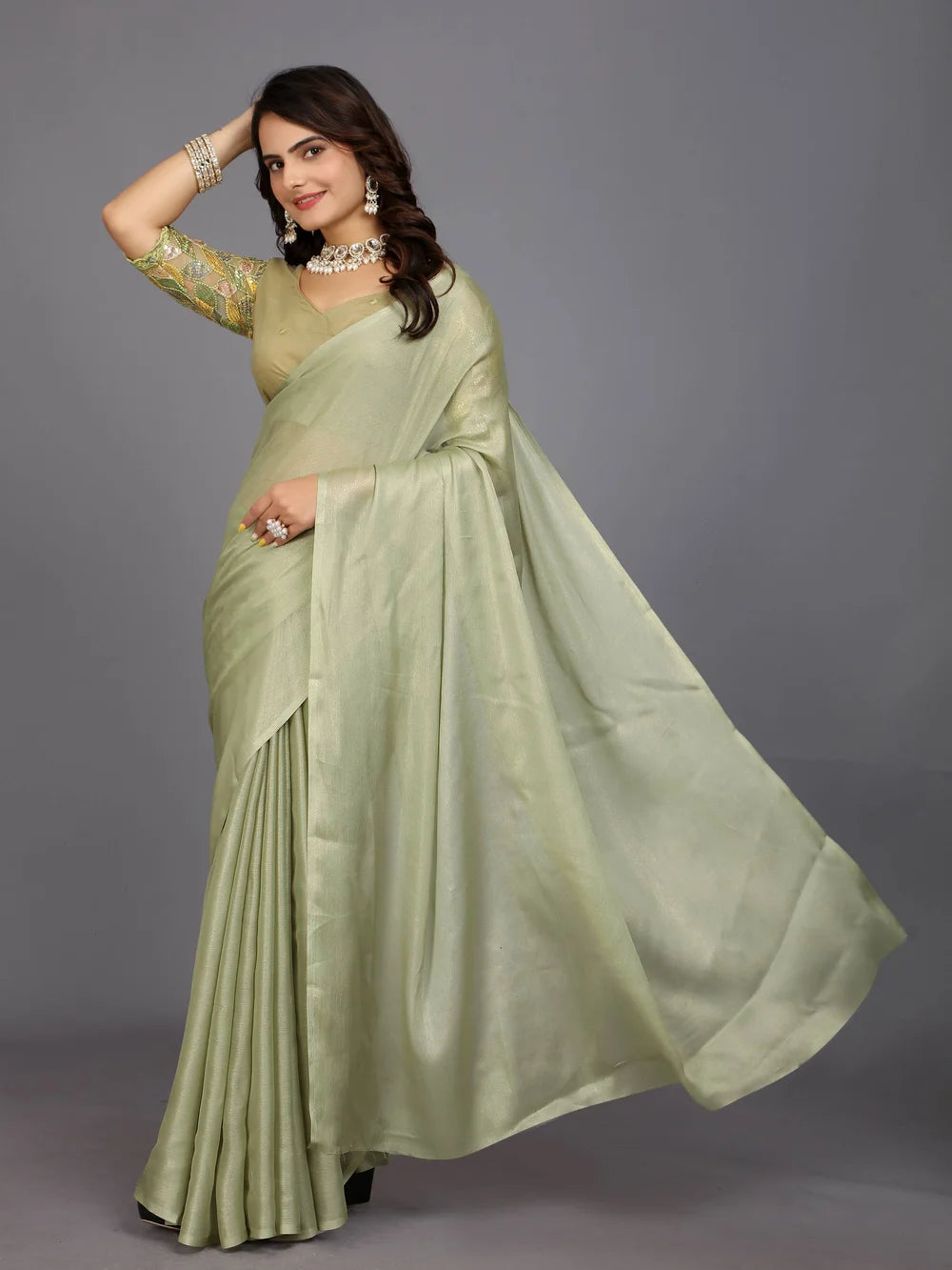 Light Green Bollywood Style Solid Silk Blend Saree