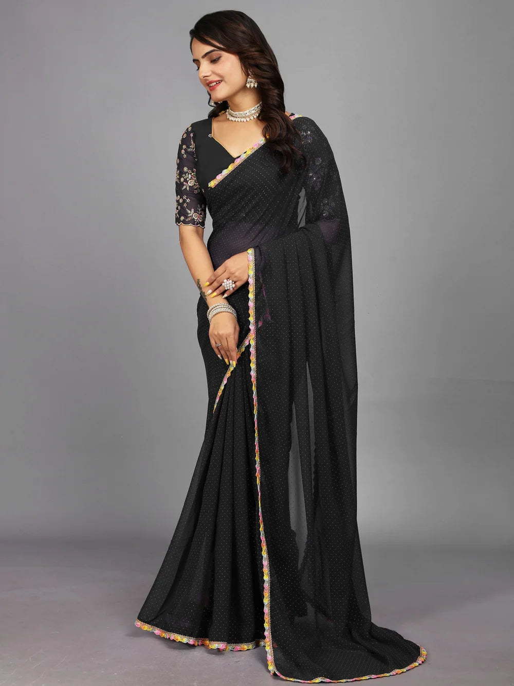 Black Bollywood Style Plain Georgette Saree