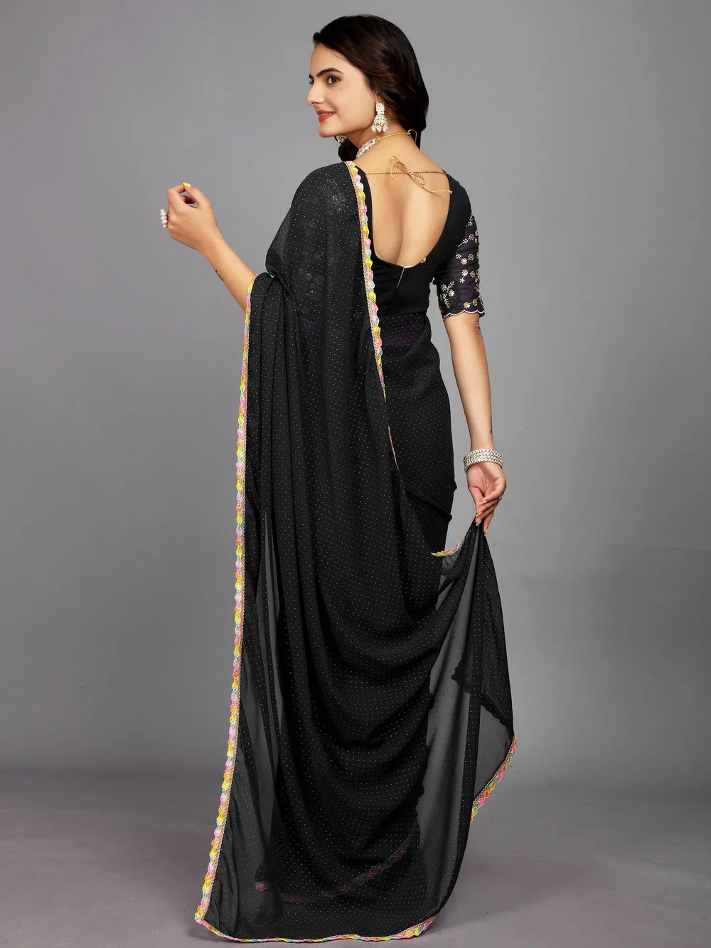 Black Bollywood Style Plain Georgette Saree