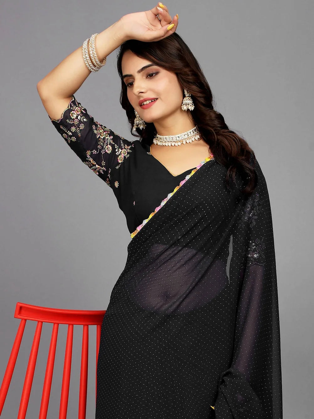 Black Bollywood Style Plain Georgette Saree
