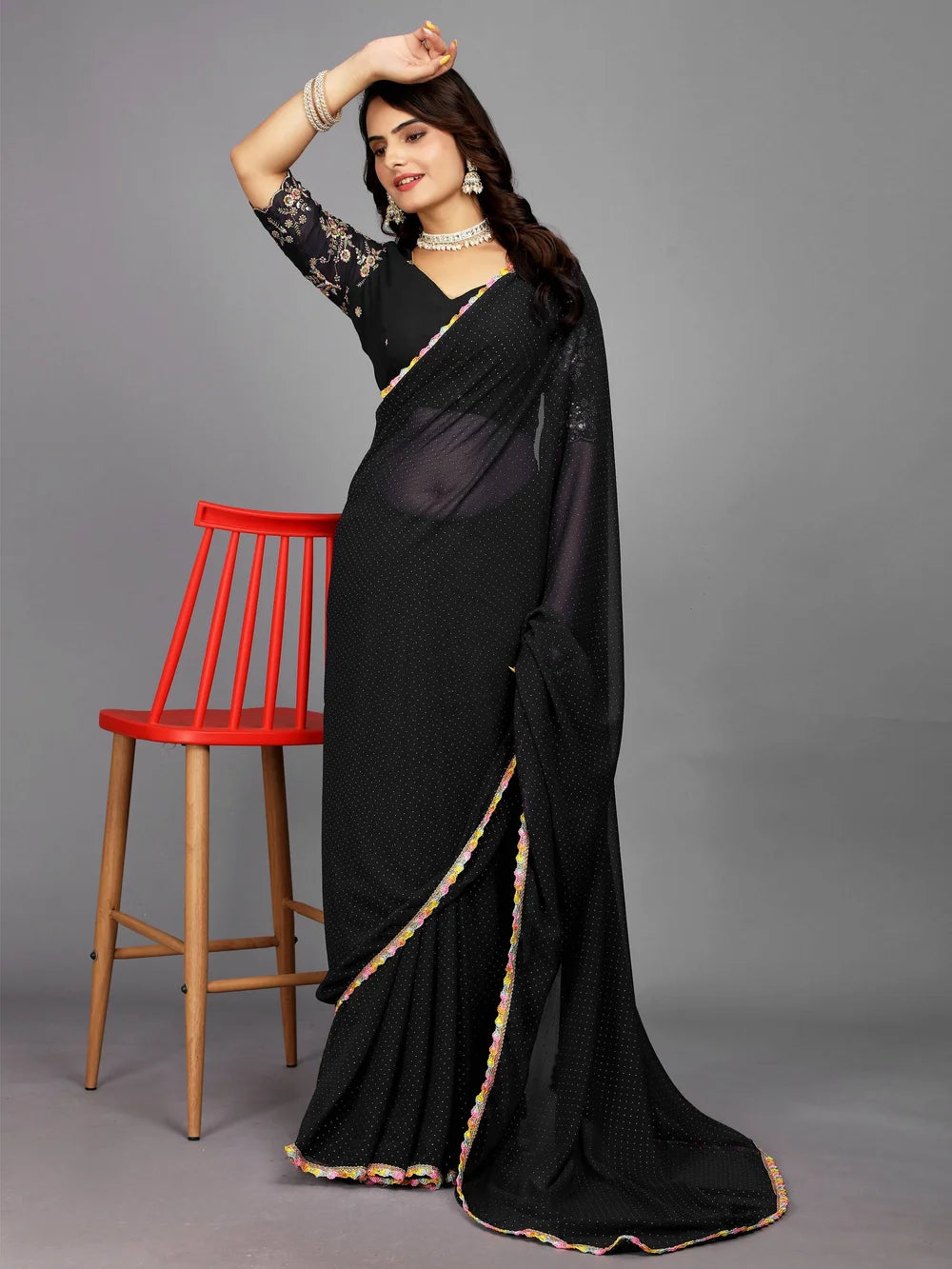 Black Bollywood Style Plain Georgette Saree