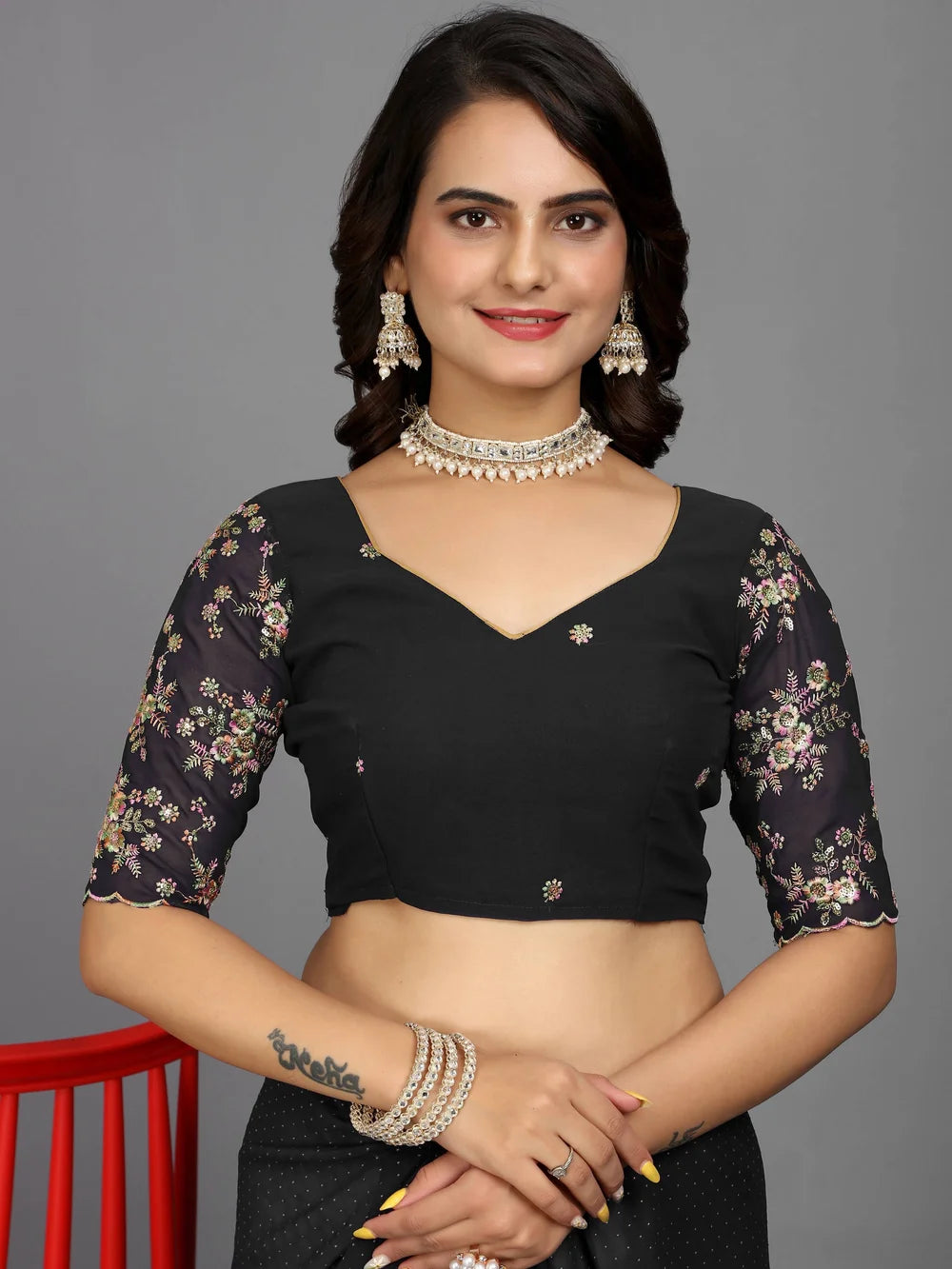 Black Bollywood Style Plain Georgette Saree