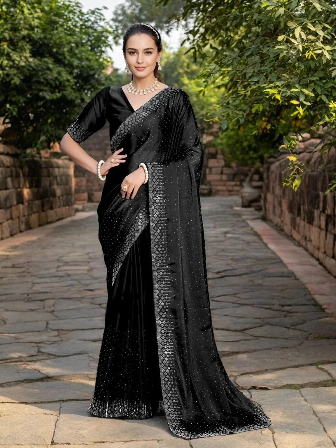 Black Georgette Saree With Stone Work For Party Wear - Rheycart