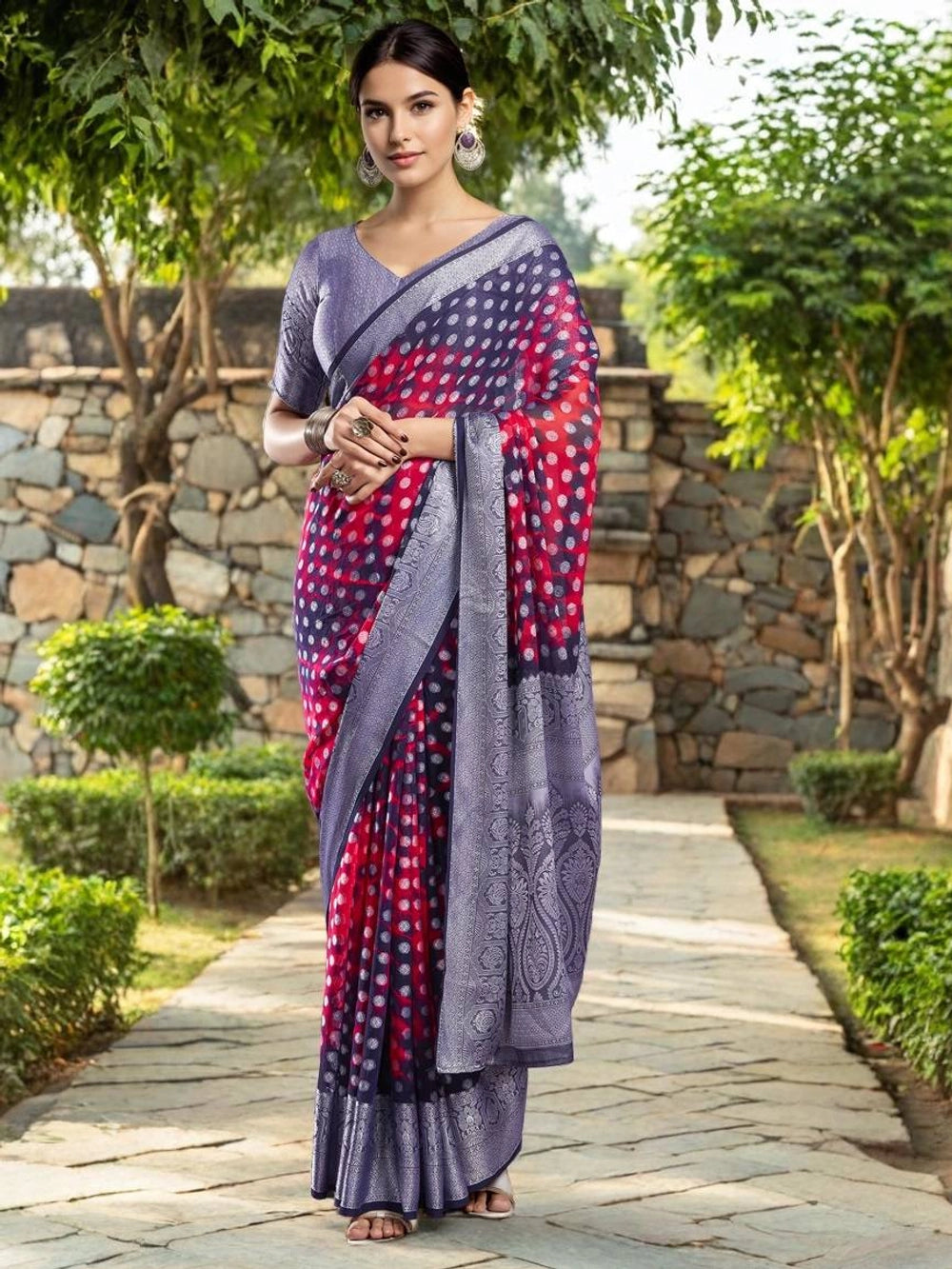 Red Weaving Dot Jacquard Georgette Saree