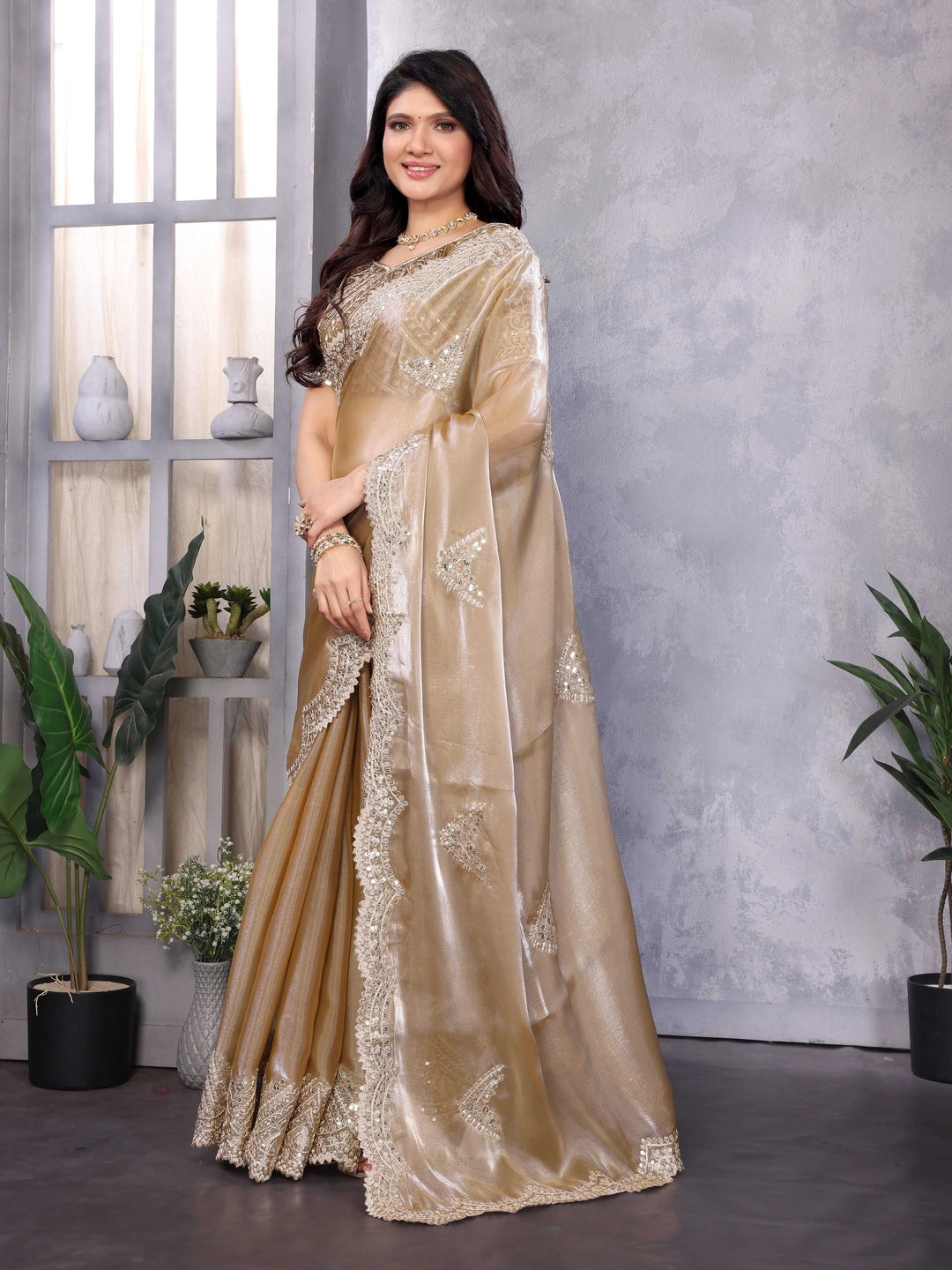 Beige Color Chiffon Embroidery Jimmy Choo Style Saree - Rheycart