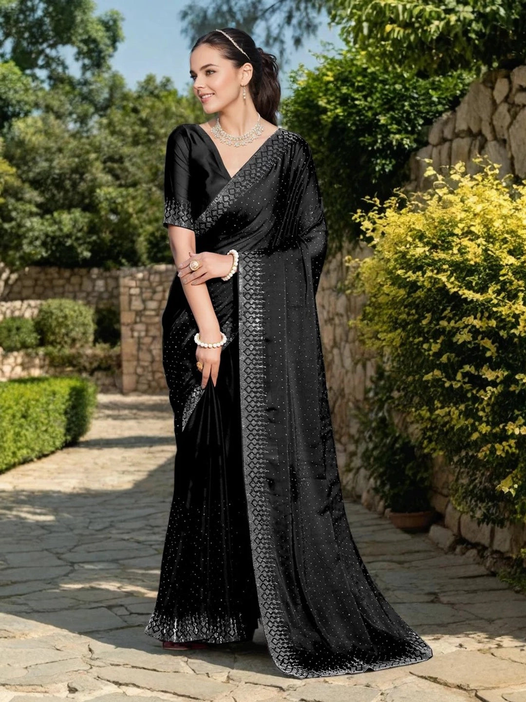 Black Georgette Saree With Stone Work For Party Wear - Rheycart