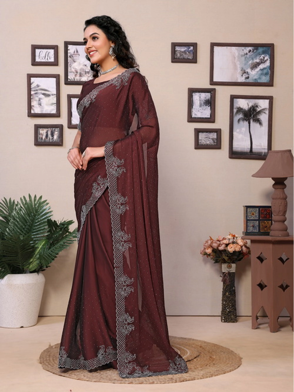Embellished Rangoli Silk Brown Diamond Work Saree