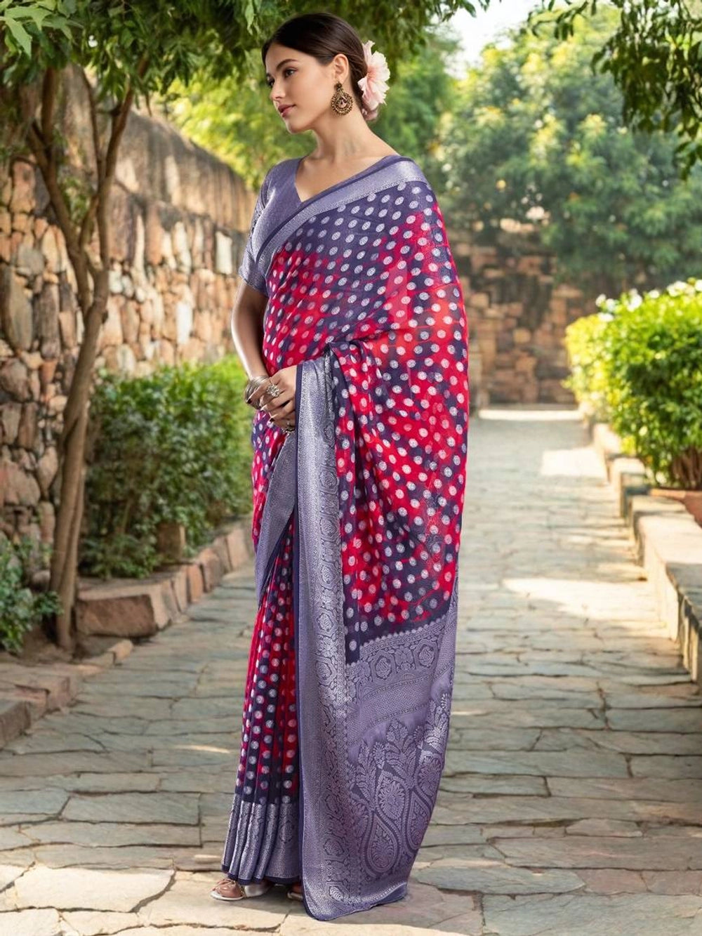Red Weaving Dot Jacquard Georgette Saree