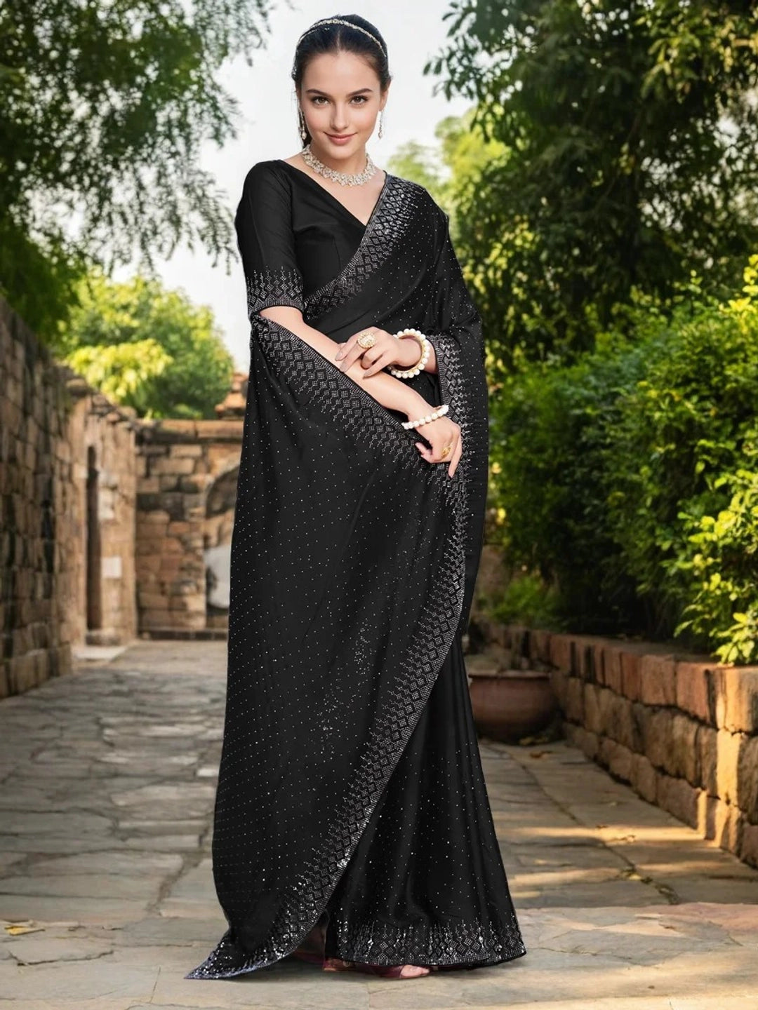Black Georgette Saree With Stone Work For Party Wear - Rheycart