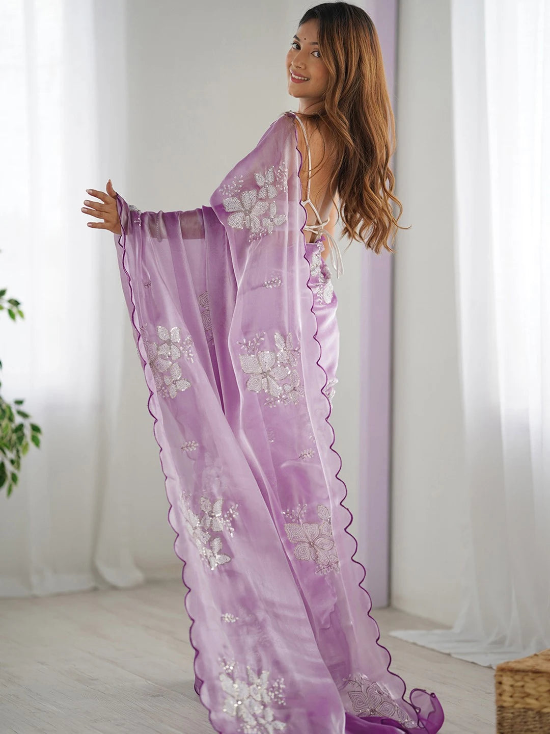 Lavender Jimmy Choo Embroidery Sequence Chiffon Saree - Rheycart