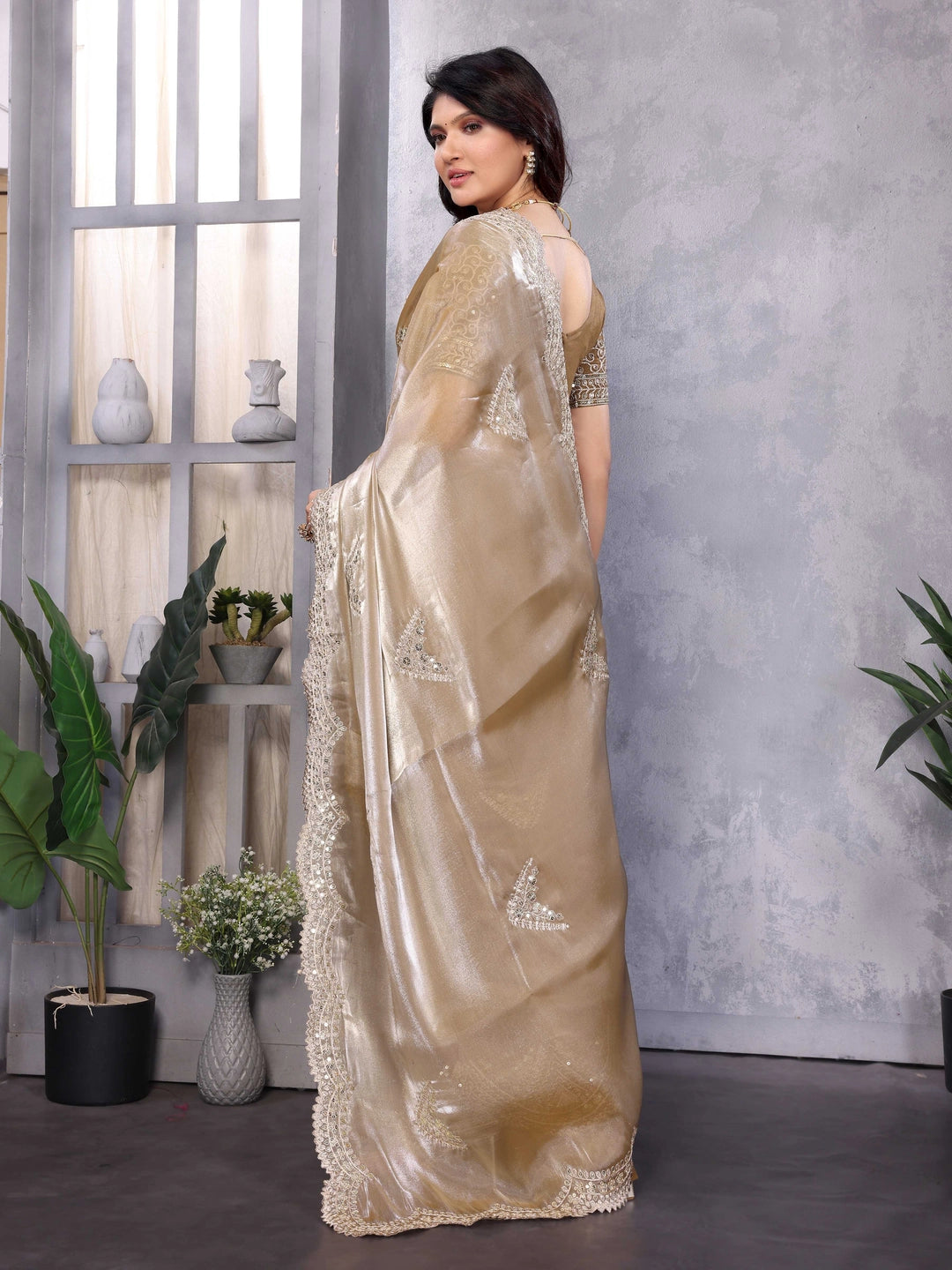 Beige Color Chiffon Embroidery Jimmy Choo Style Saree - Rheycart