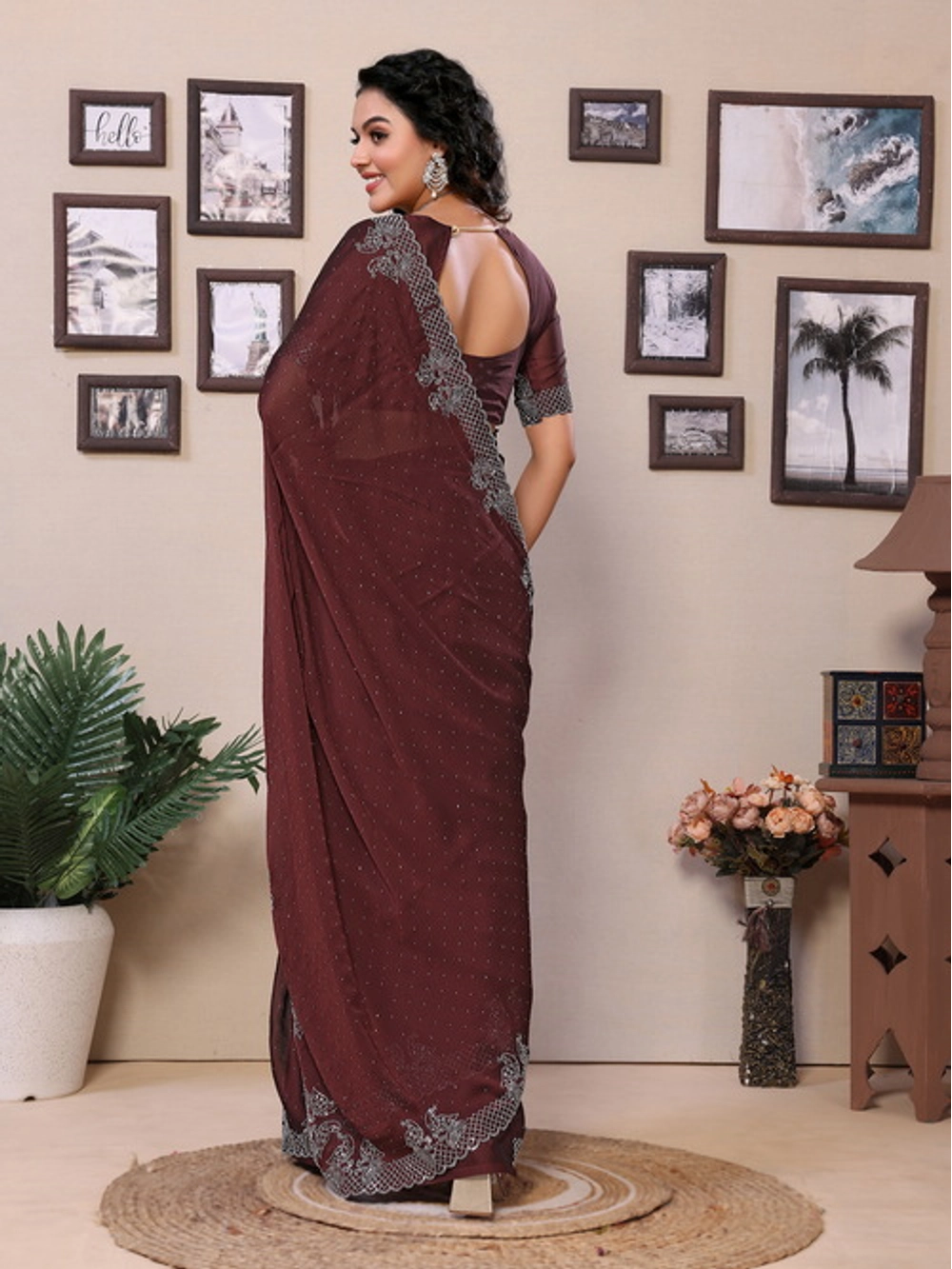 Embellished Rangoli Silk Brown Diamond Work Saree