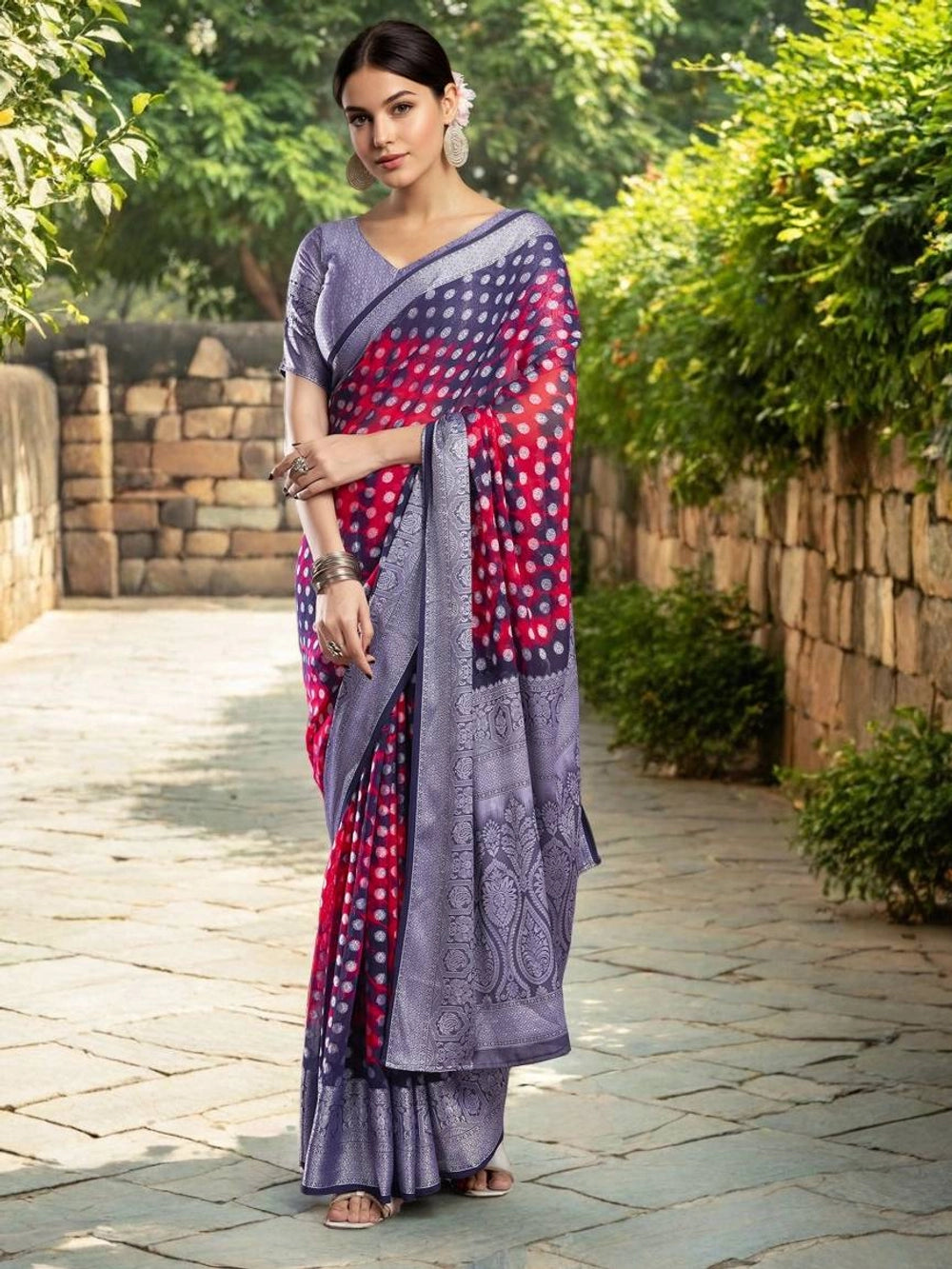 Red Weaving Dot Jacquard Georgette Saree