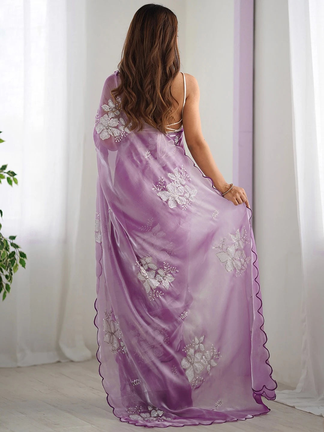 Lavender Jimmy Choo Embroidery Sequence Chiffon Saree - Rheycart