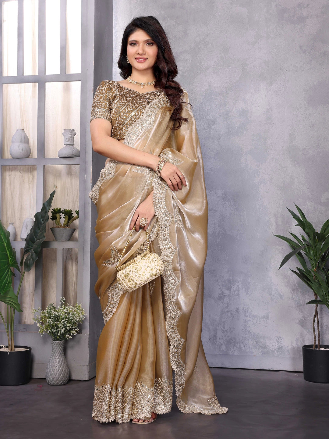 Beige Color Chiffon Embroidery Jimmy Choo Style Saree - Rheycart