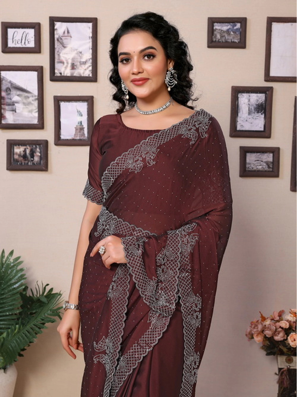 Embellished Rangoli Silk Brown Diamond Work Saree