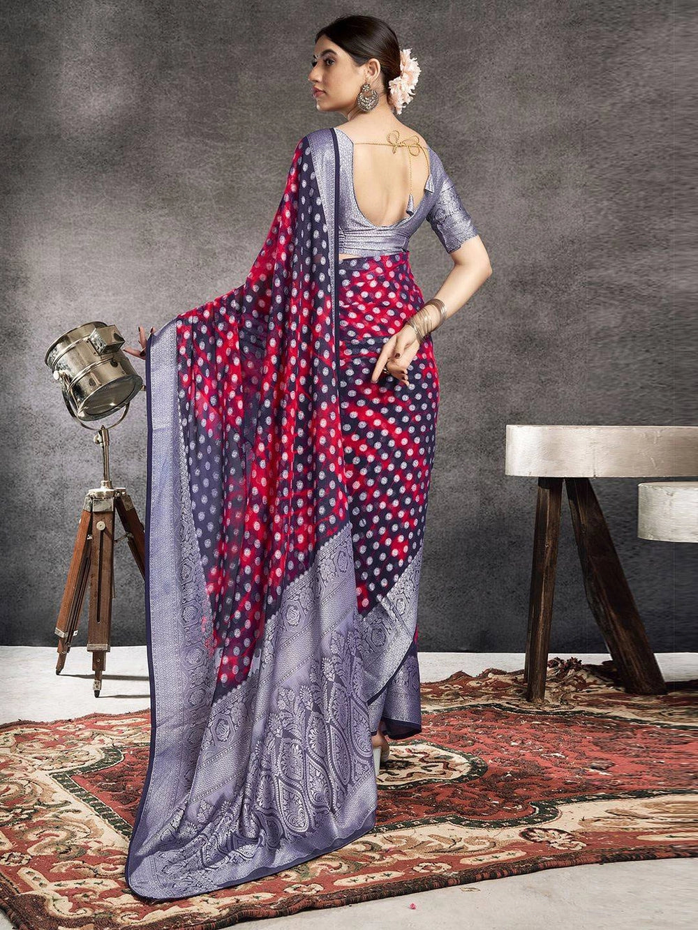 Red Weaving Dot Jacquard Georgette Saree