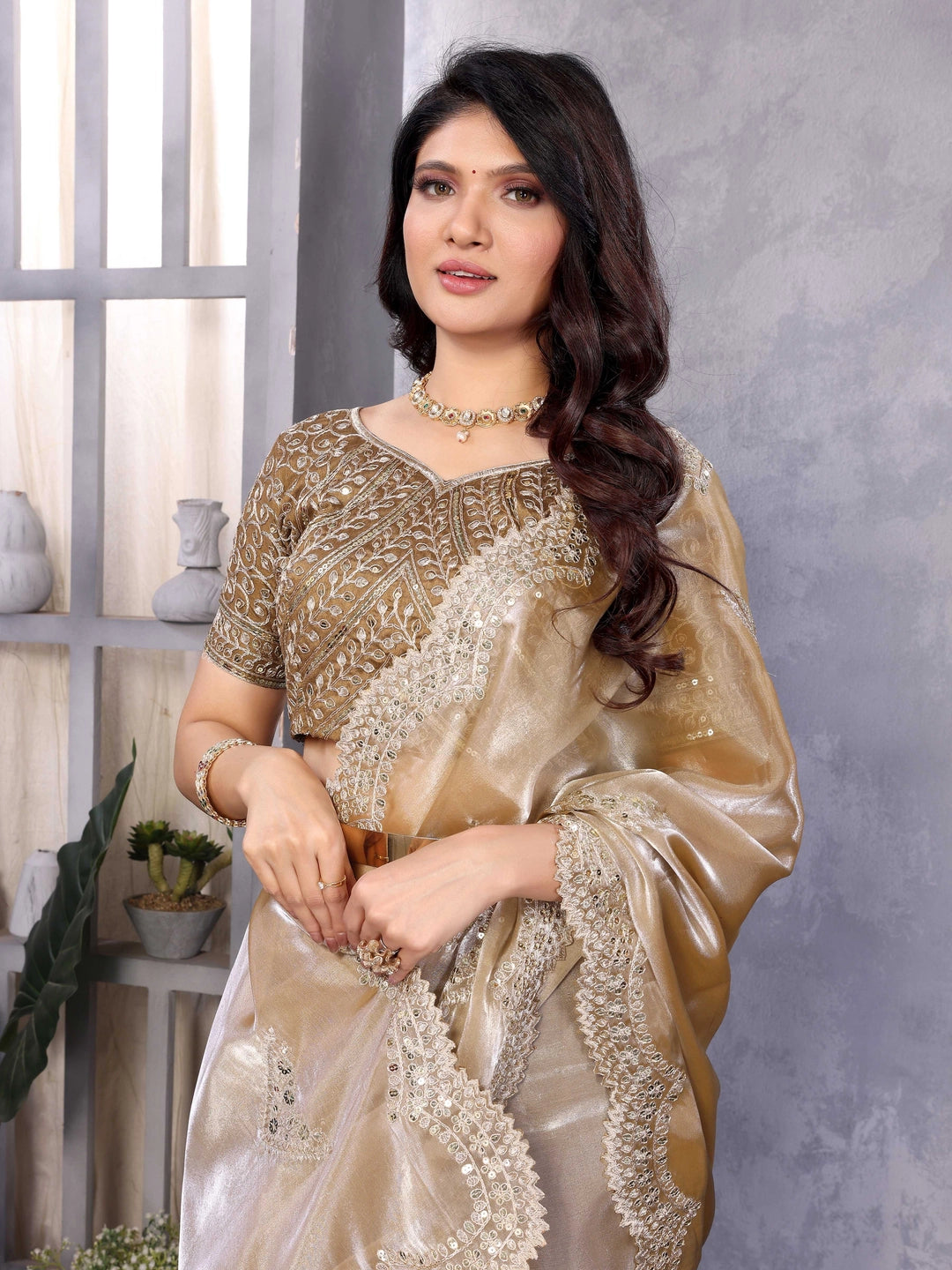Beige Color Chiffon Embroidery Jimmy Choo Style Saree - Rheycart