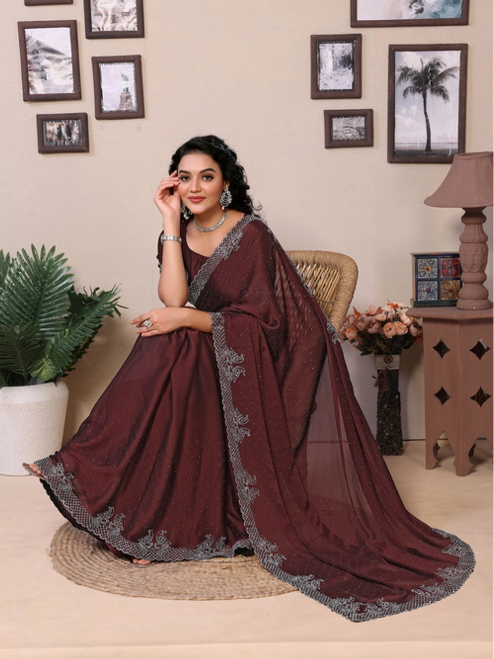 Embellished Rangoli Silk Brown Diamond Work Saree