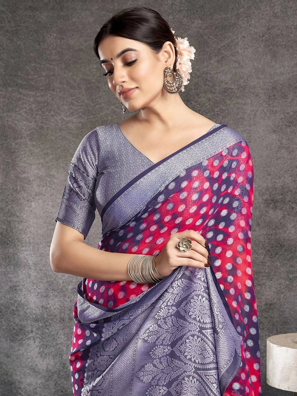 Red Weaving Dot Jacquard Georgette Saree