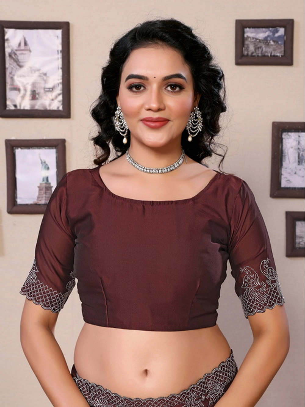 Embellished Rangoli Silk Brown Diamond Work Saree