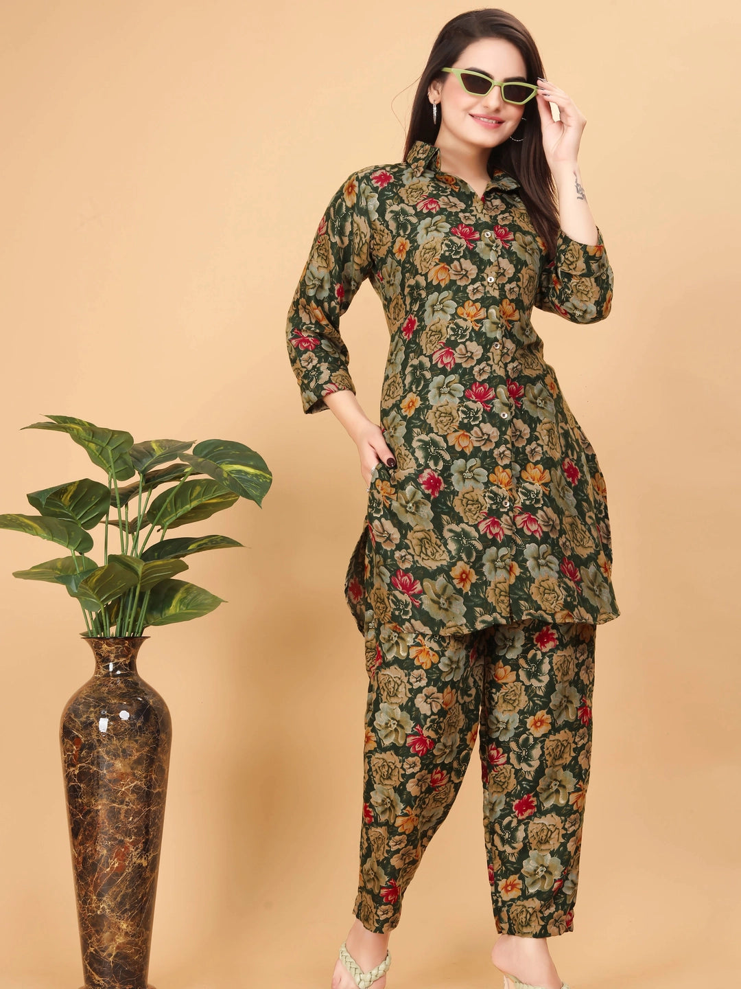 Green Floral Printed Rayon Cotton Co-ord Set For Women - Rheycart