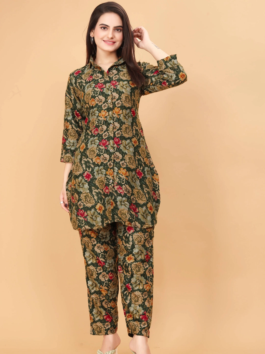 Green Floral Printed Rayon Cotton Co-ord Set For Women - Rheycart
