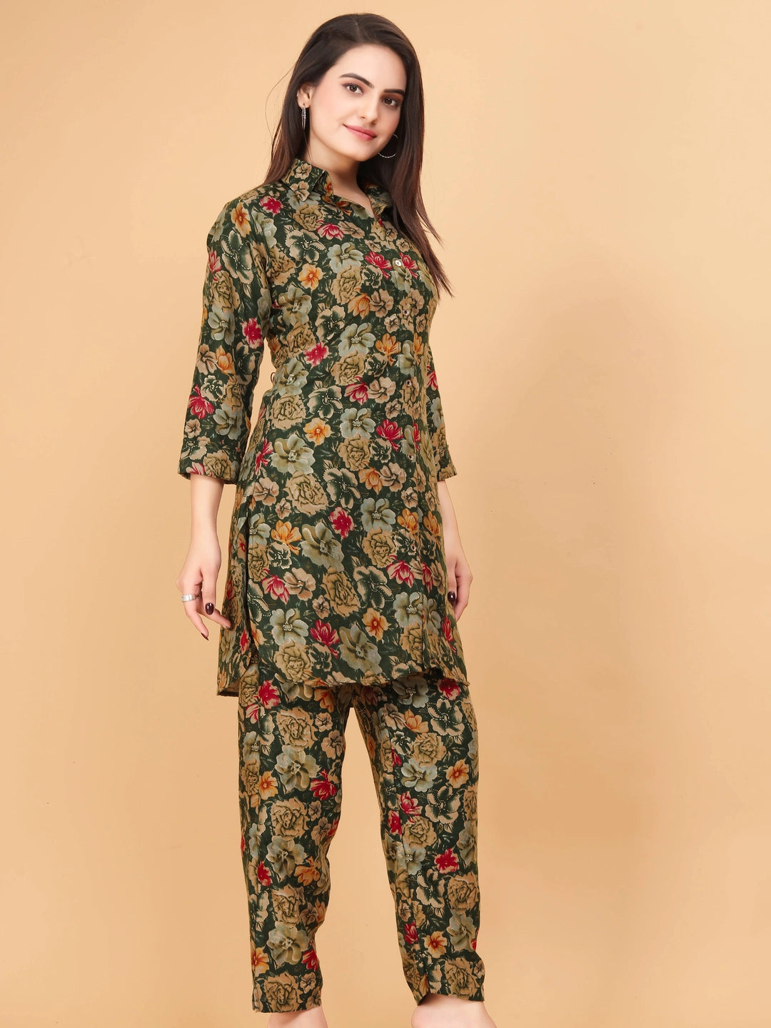 Green Floral Printed Rayon Cotton Co-ord Set For Women - Rheycart