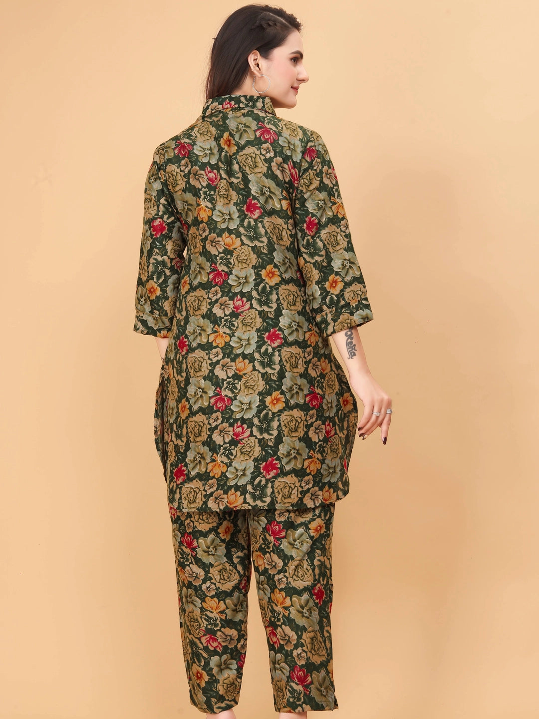 Green Floral Printed Rayon Cotton Co-ord Set For Women - Rheycart