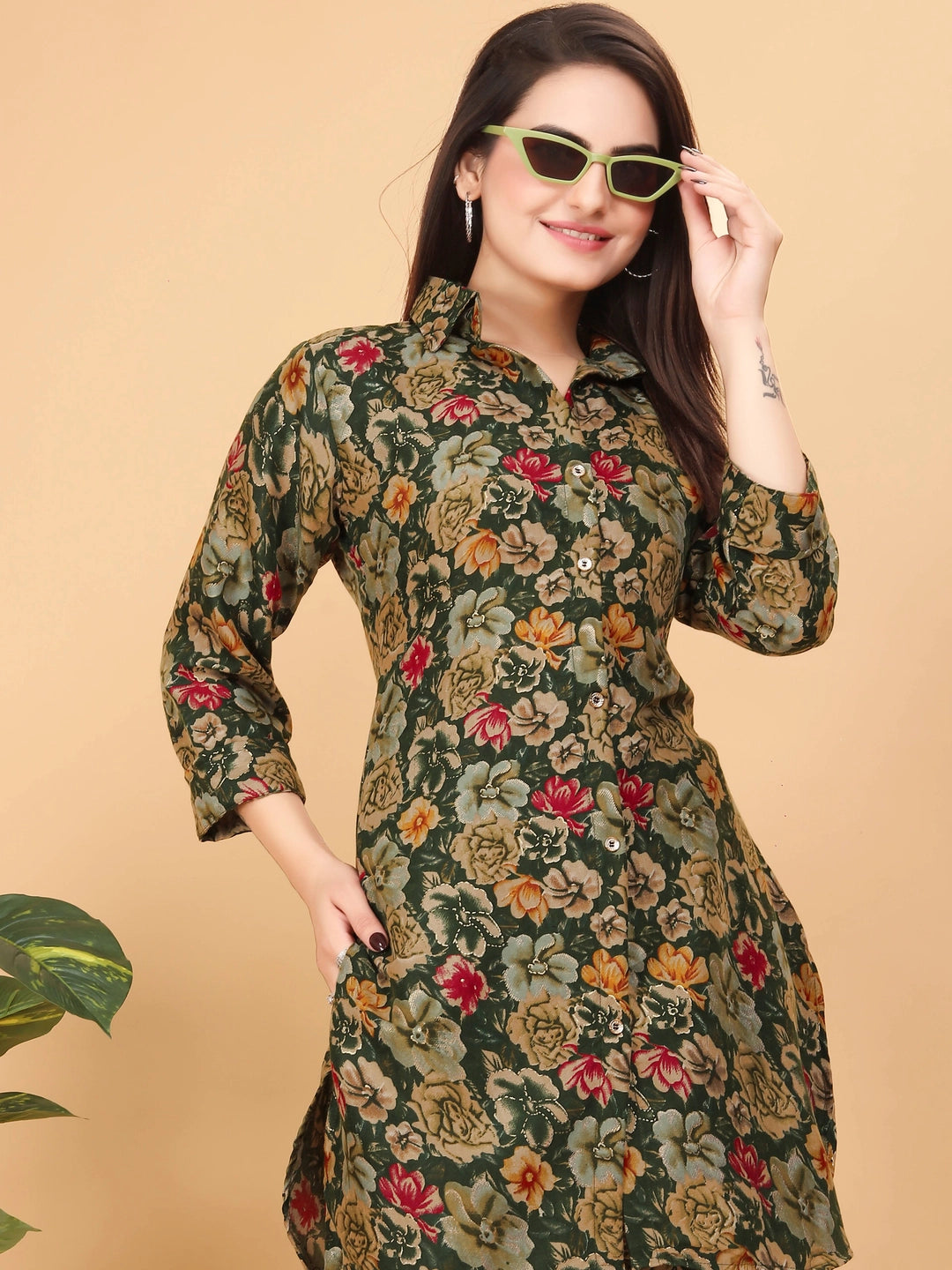 Green Floral Printed Rayon Cotton Co-ord Set For Women - Rheycart