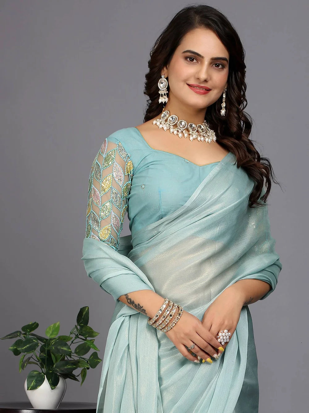 Light Blue Solid Silk Blend Bollywood Style Saree