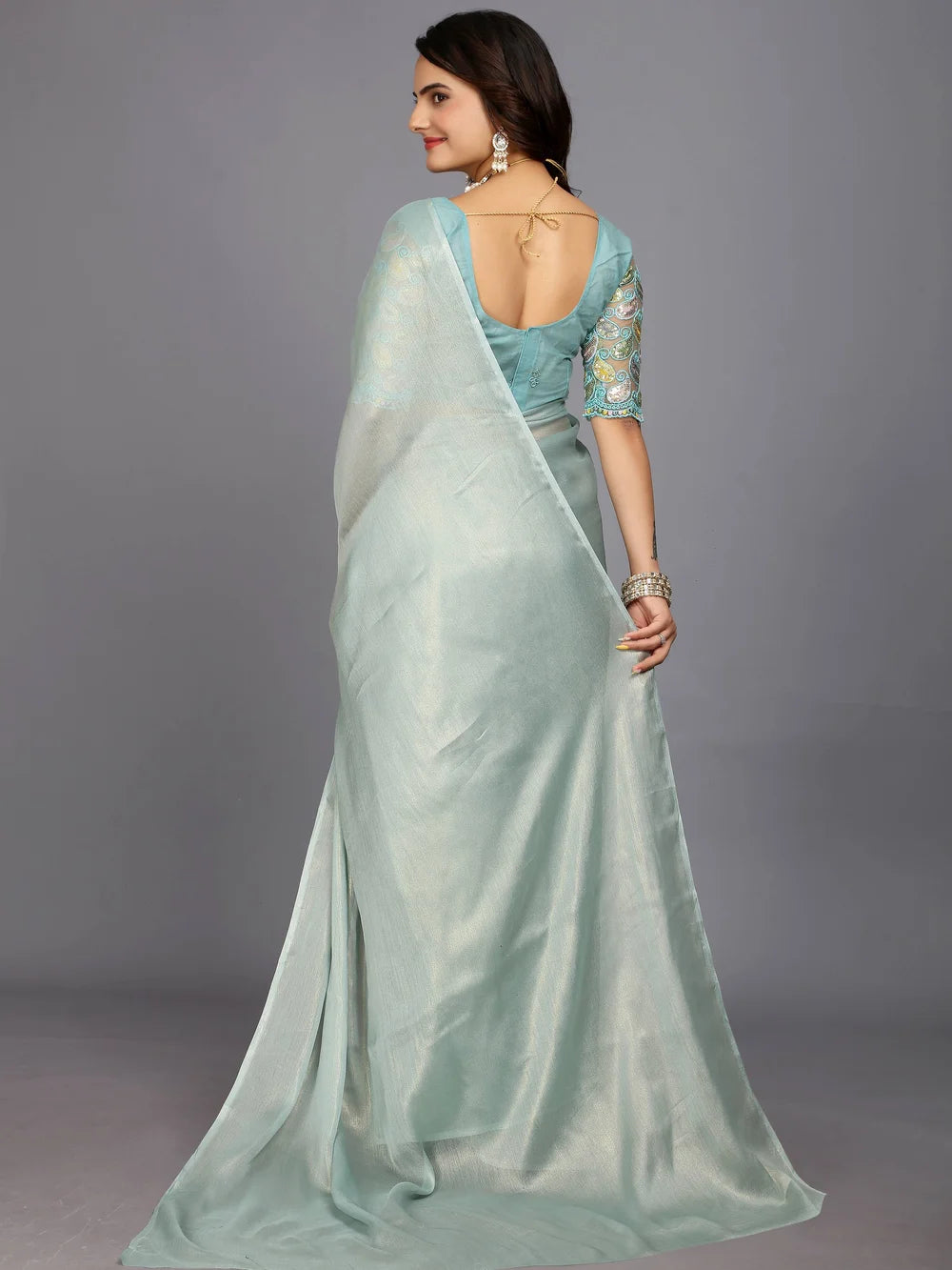 Solid Silk Blend Light Blue Bollywood Style Saree
