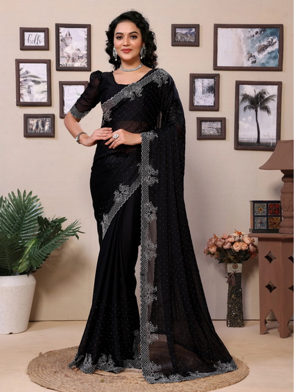 Embellished Black Rangoli Silk Diamond Work Saree
