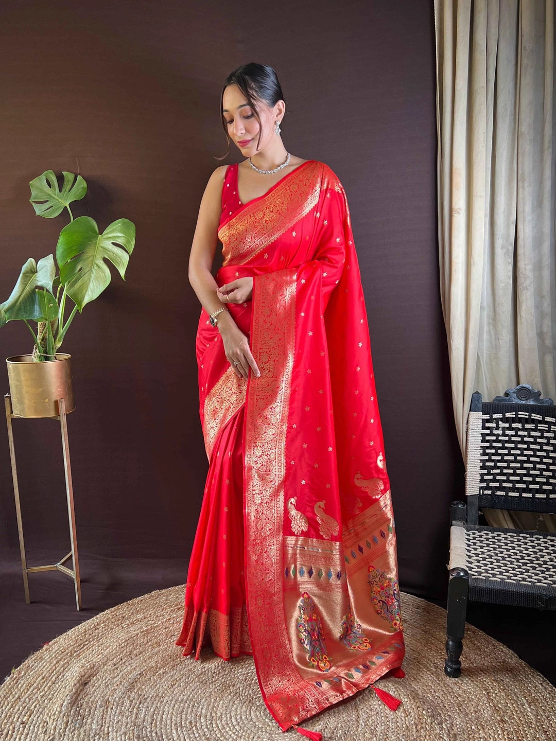 Red Woven Design Paithani Silk Saree - Rheycart