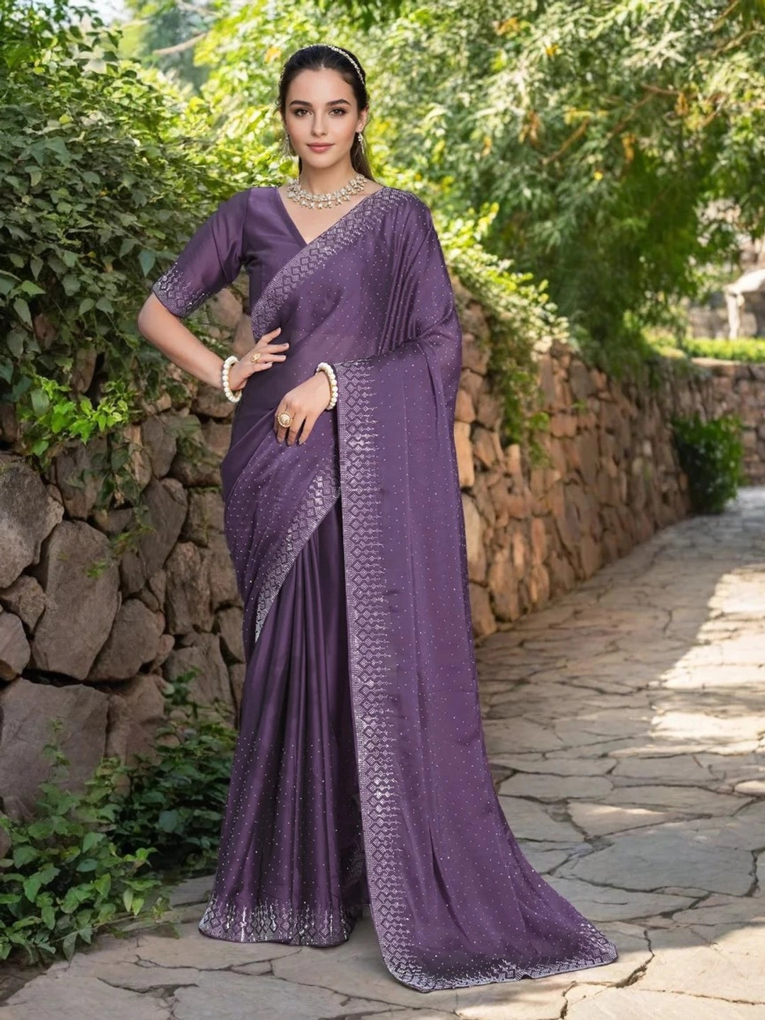 Lavender Georgette Saree With Swarovski Work - Rheycart