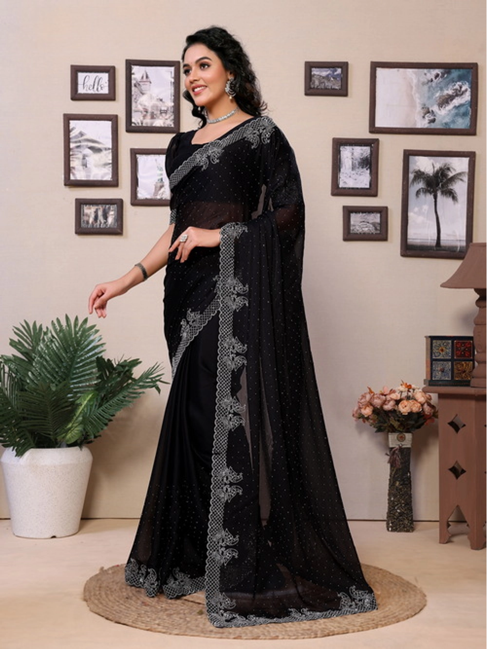 Embellished Black Rangoli Silk Diamond Work Saree