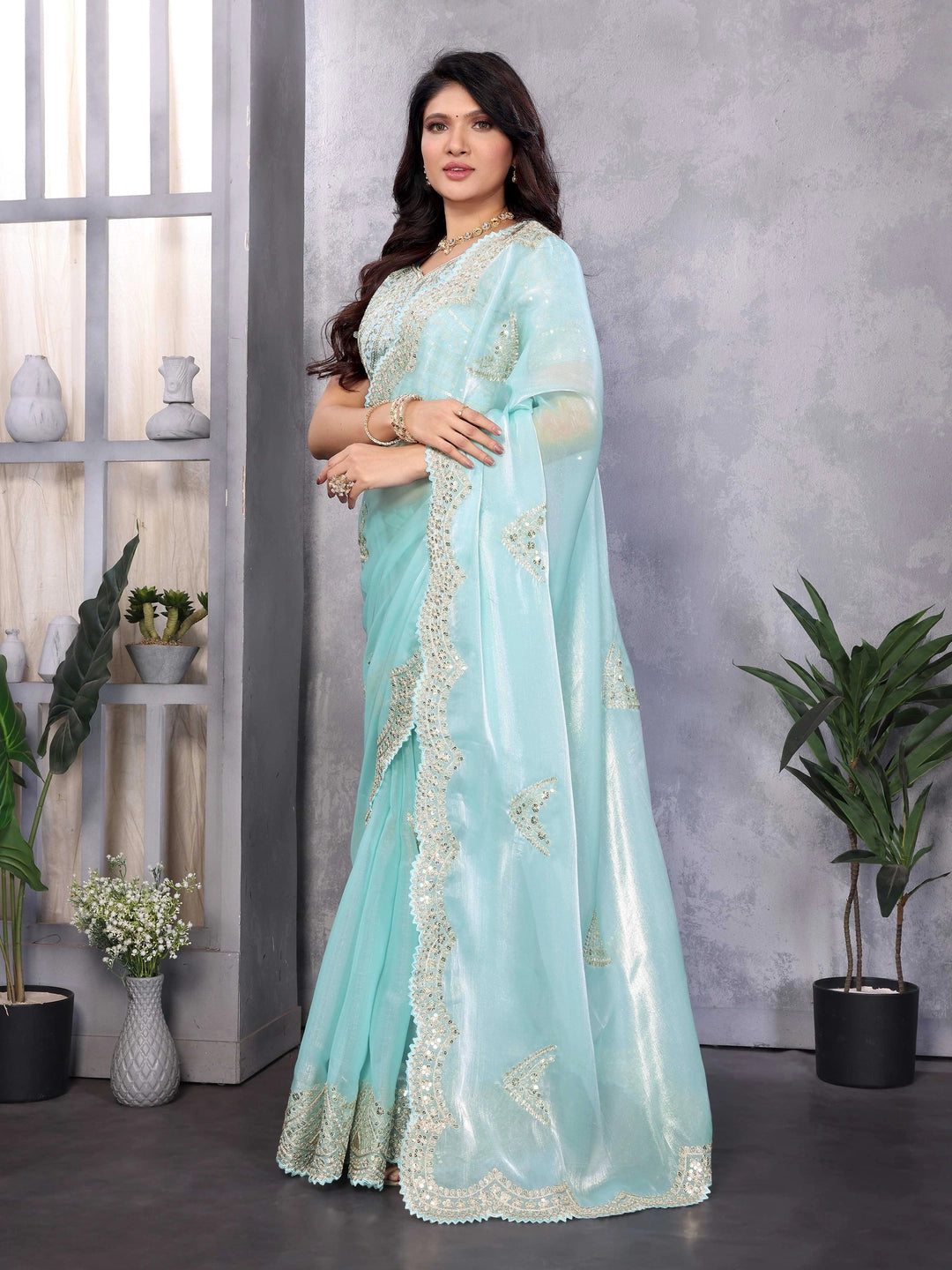 Mint Green Shimmer Chiffon Saree With Embroidery Work - Rheycart
