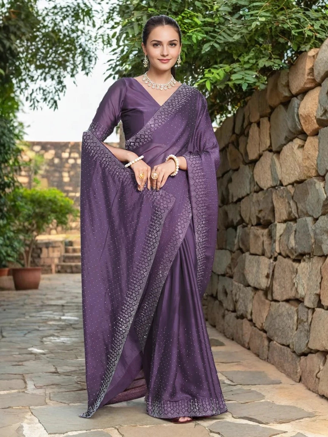 Lavender Georgette Saree With Swarovski Work - Rheycart