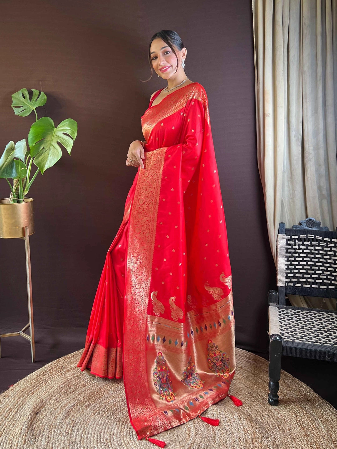 Red Woven Design Paithani Silk Saree - Rheycart