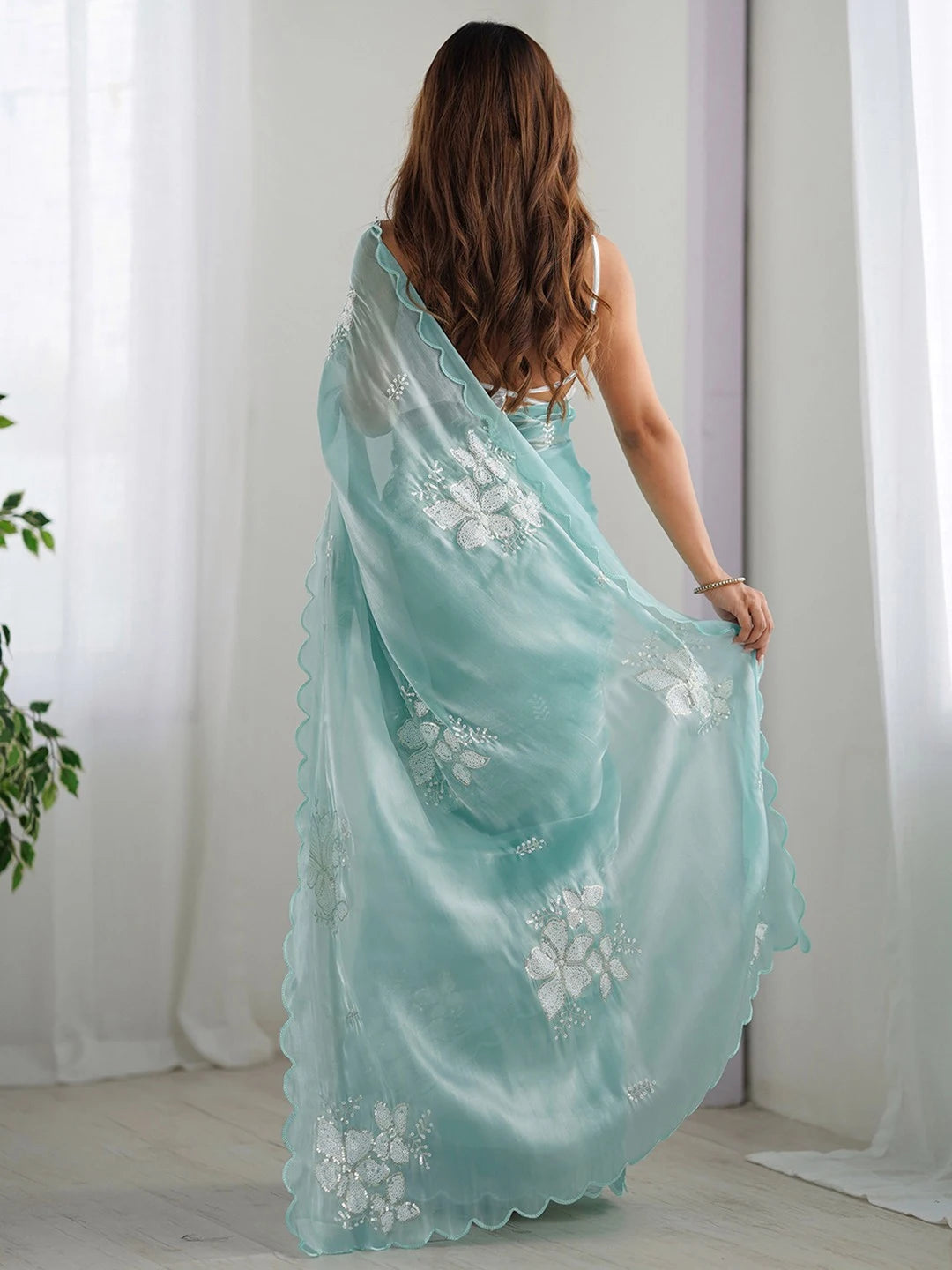 Jimmy Choo Embroidery Sequence Mint Green Chiffon Saree - Rheycart