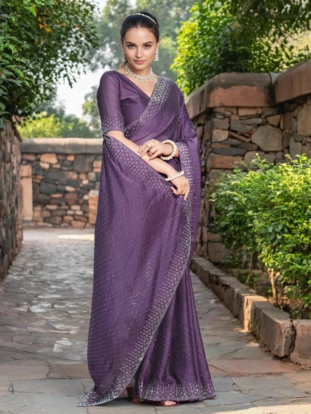 Lavender Georgette Saree With Swarovski Work - Rheycart