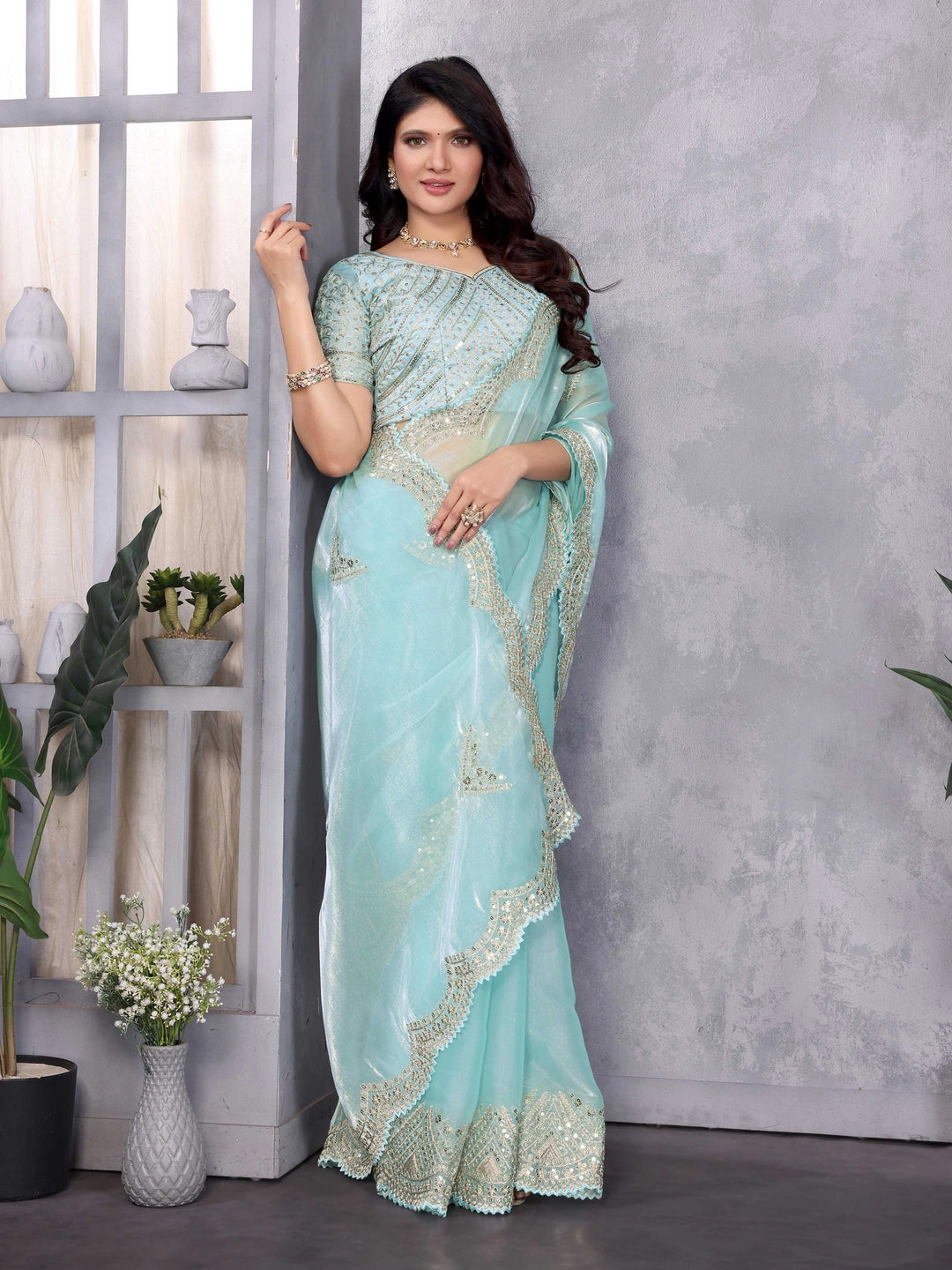 Mint Green Shimmer Chiffon Saree With Embroidery Work - Rheycart