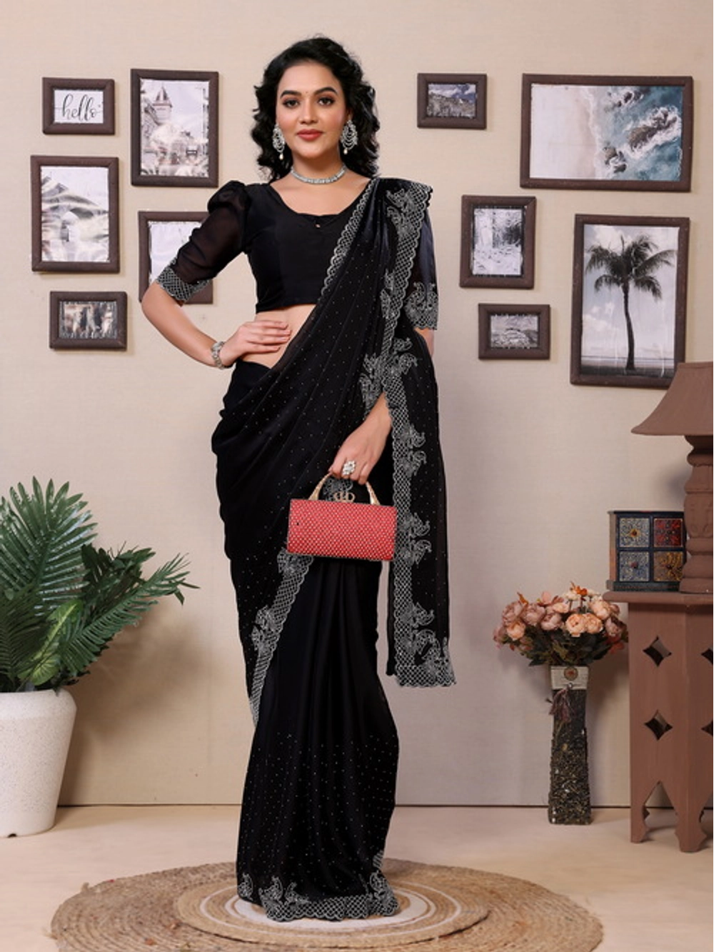 Embellished Black Rangoli Silk Diamond Work Saree