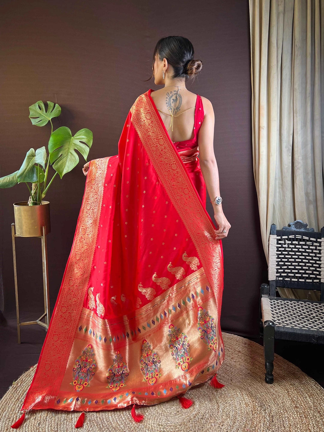 Red Woven Design Paithani Silk Saree - Rheycart