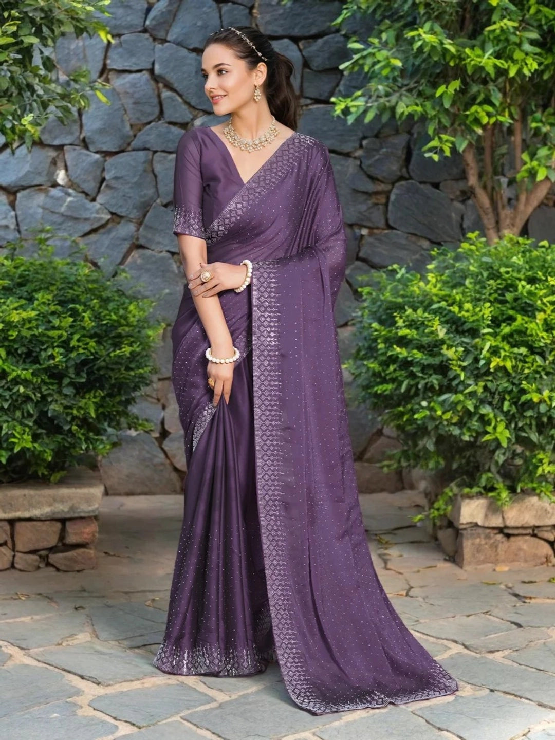Lavender Georgette Saree With Swarovski Work - Rheycart