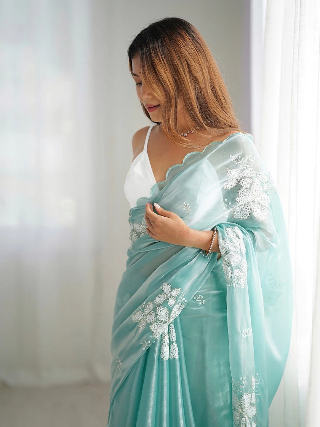 Jimmy Choo Embroidery Sequence Mint Green Chiffon Saree - Rheycart