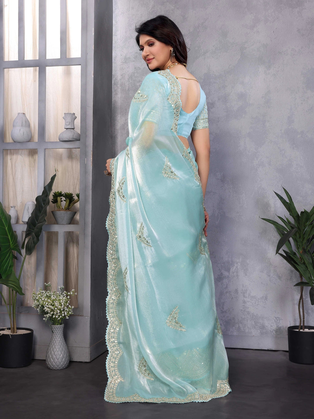 Mint Green Shimmer Chiffon Saree With Embroidery Work - Rheycart