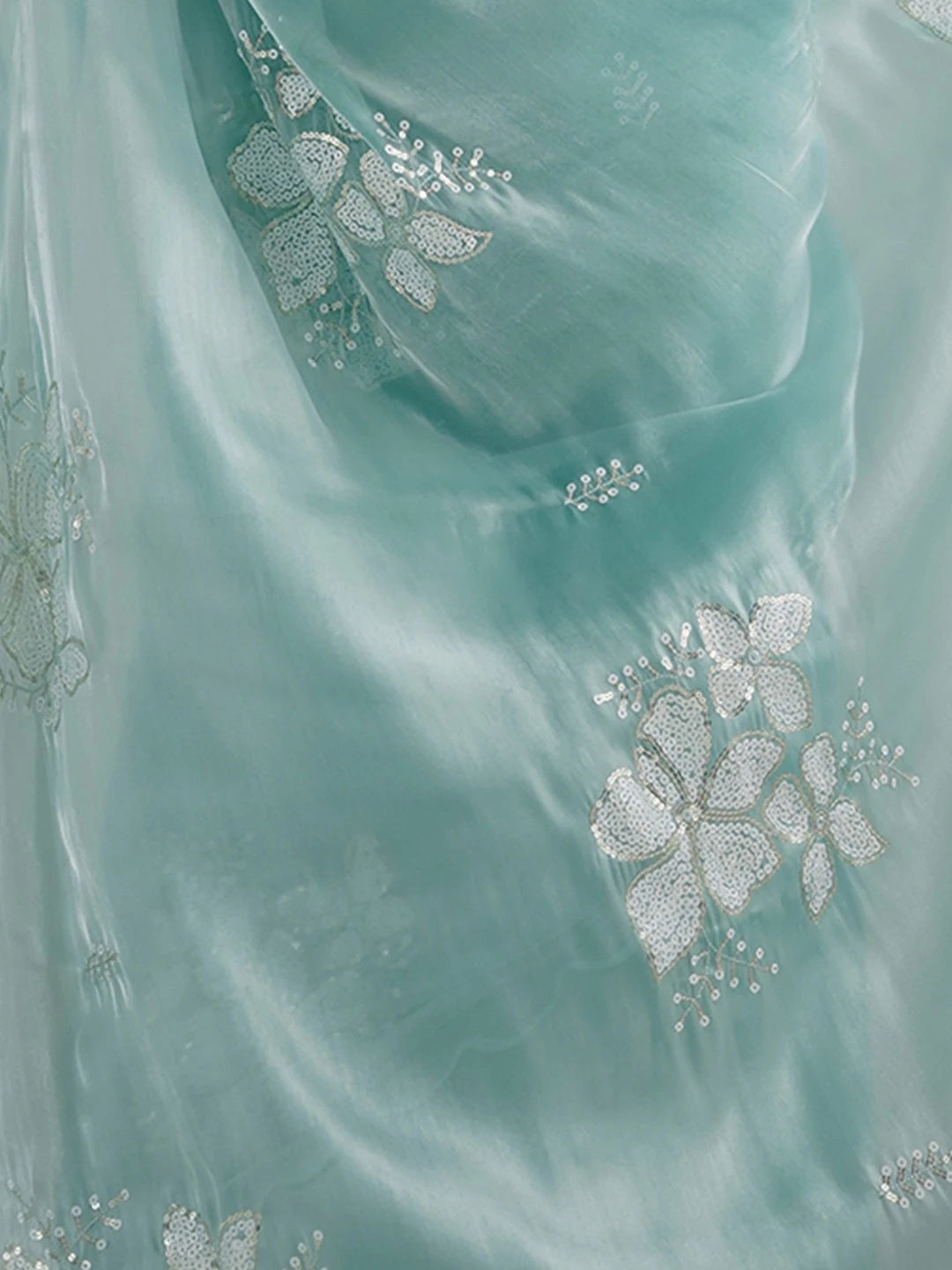 Jimmy Choo Embroidery Sequence Mint Green Chiffon Saree - Rheycart