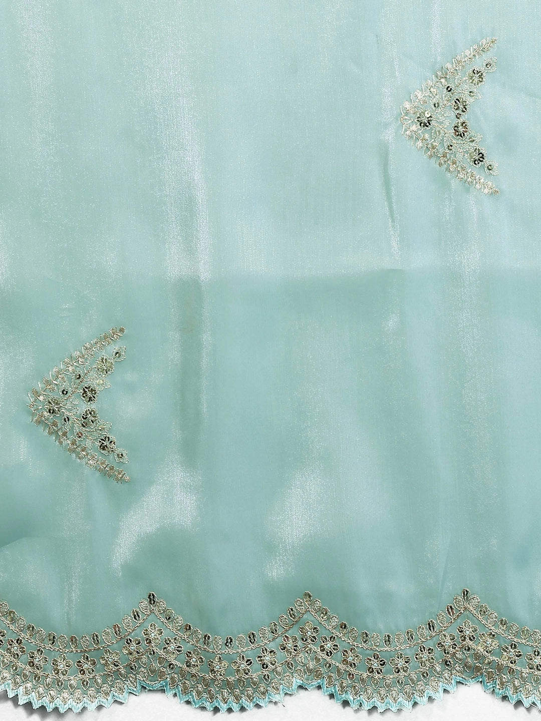 Mint Green Shimmer Chiffon Saree With Embroidery Work - Rheycart