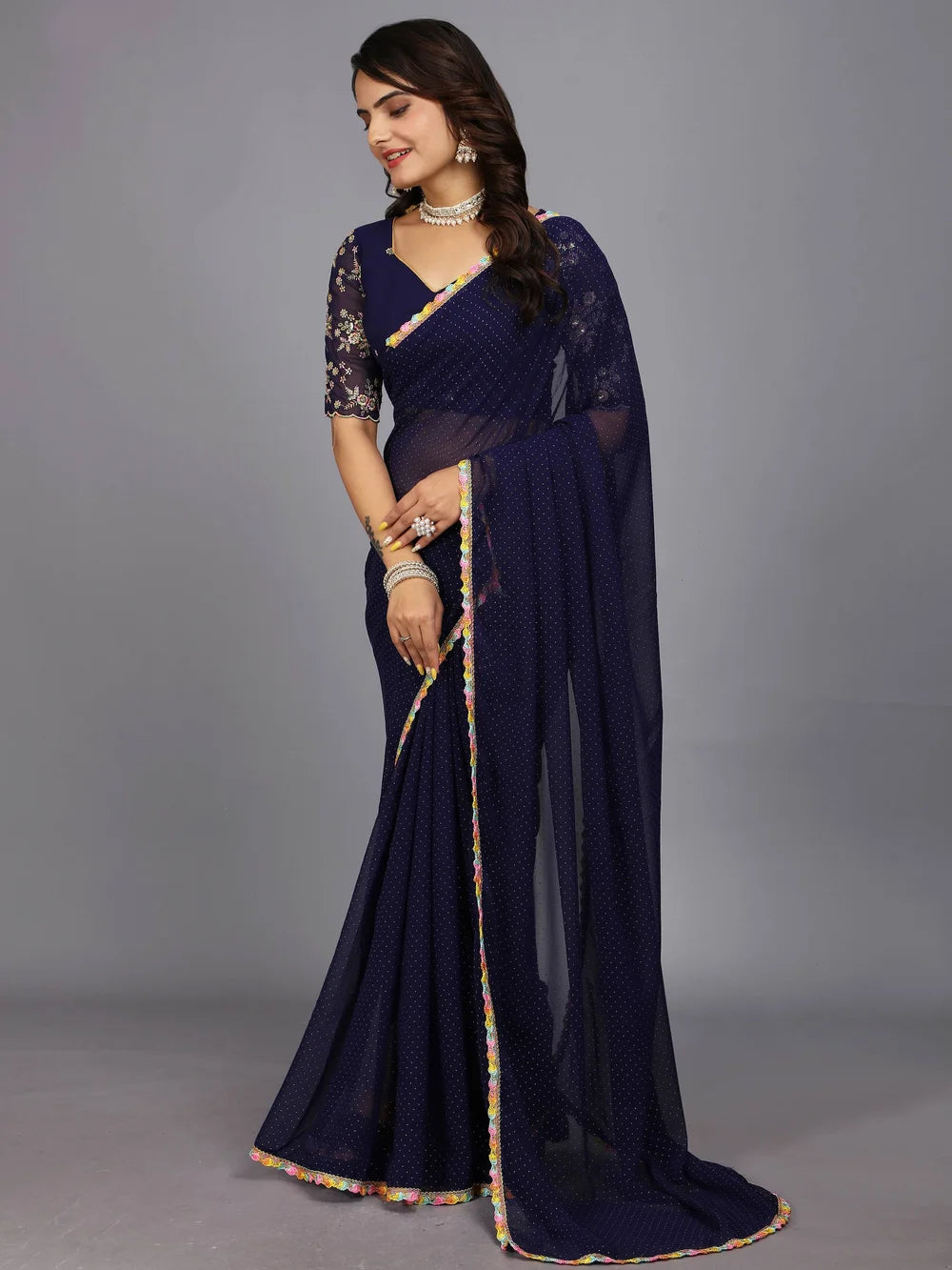 Dark Blue Bollywood Style Plain Georgette Saree